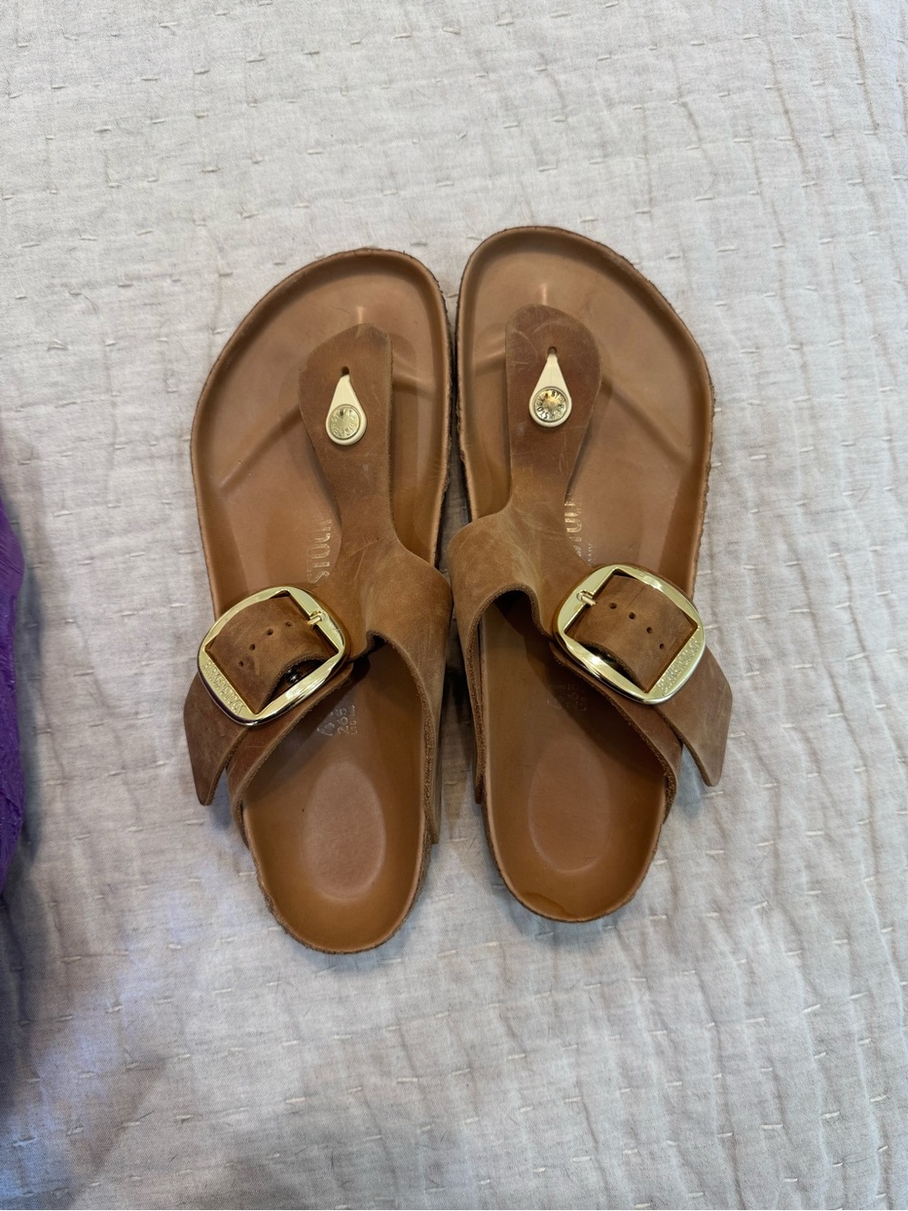 Birkenstock Brown Leather Buckle Toe-Post Sandals with Gold Hardware